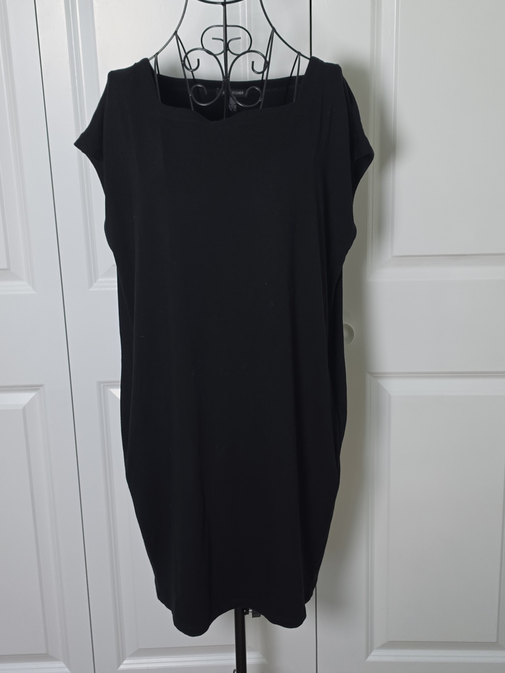 Eileen Fisher Black Square Neck Stretch Shift Dress S/P